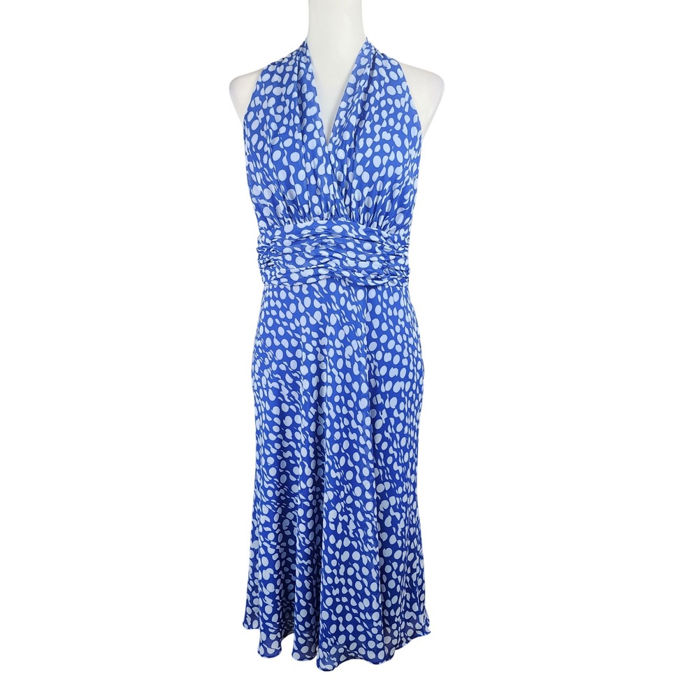 Evan Picone Halter Dress Womens 8 Royal Blue White Polka Dot Midi Autumn Wedding